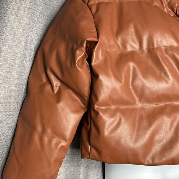 A New Day Faux Leather Cropped Puffer Jacket Brown Women’s Large - Picture 2 of 11